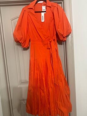 Orange Puff-Sleeve Wrap Midi Dress - Women